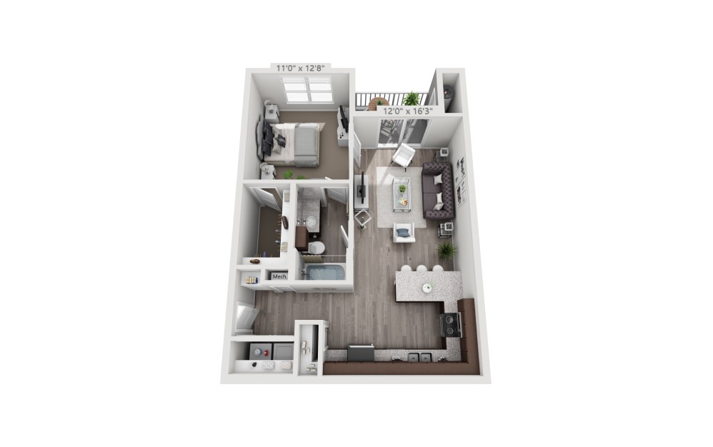 A1 - 1 bedroom floorplan layout with 1 bath and 721 square feet.