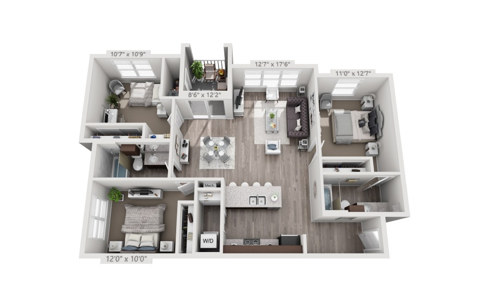 C1 - 3 bedroom floorplan layout with 2 baths and 1198 square feet.